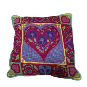 Needlepoint Heart Flower Swirl Pillow Pink Purple Green 12" Cottage Core Country